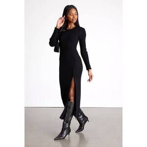 Lulus Refined Attitude Black Ribbed Side Button Midi Sweater Dress - Size XS